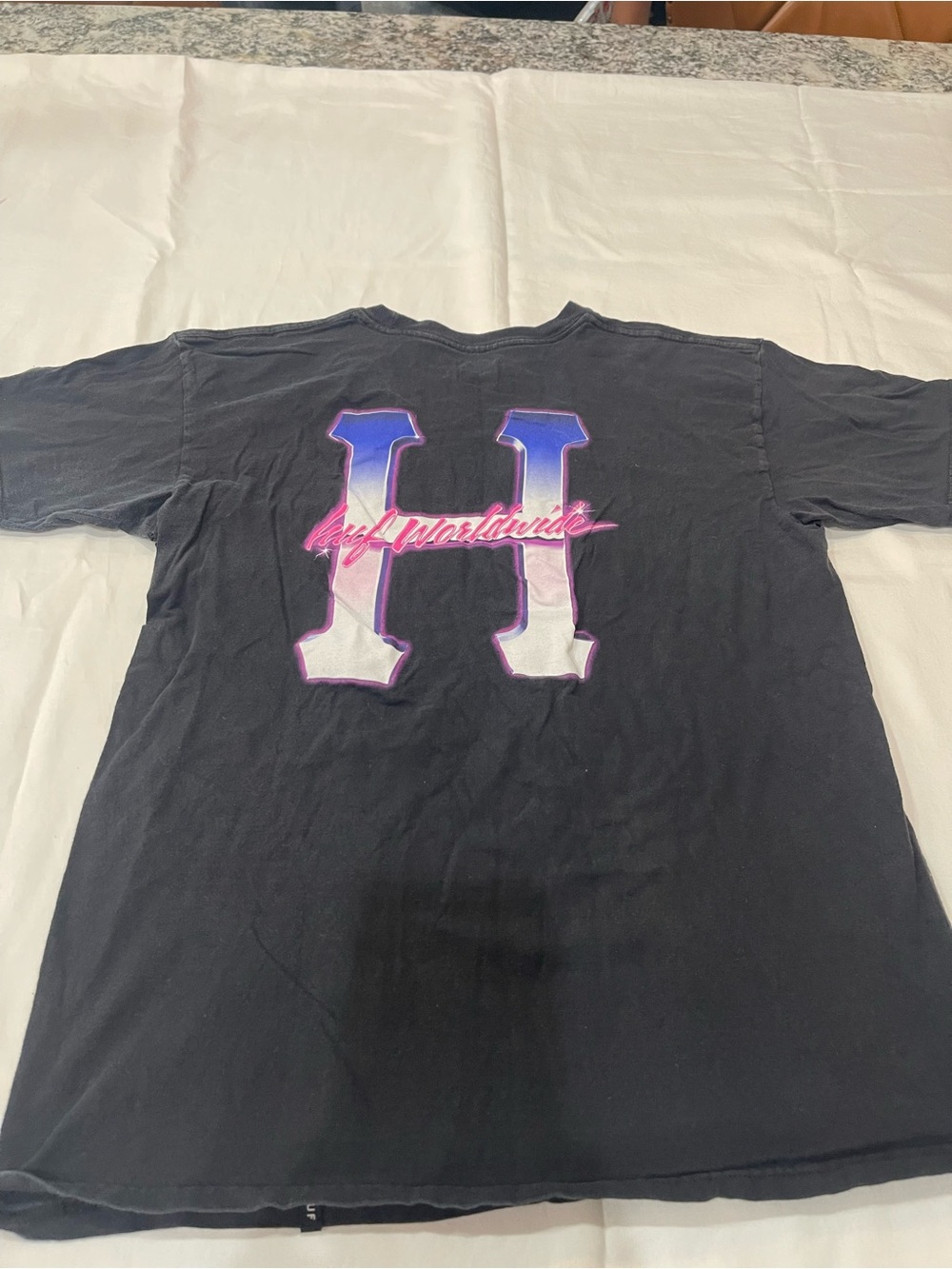 HUF Black Short Sleeve Tee with Pink Script and Blue-White Gradient H